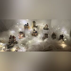 The Americana Vintage Holiday Village Miniature Set w Pewter figurines